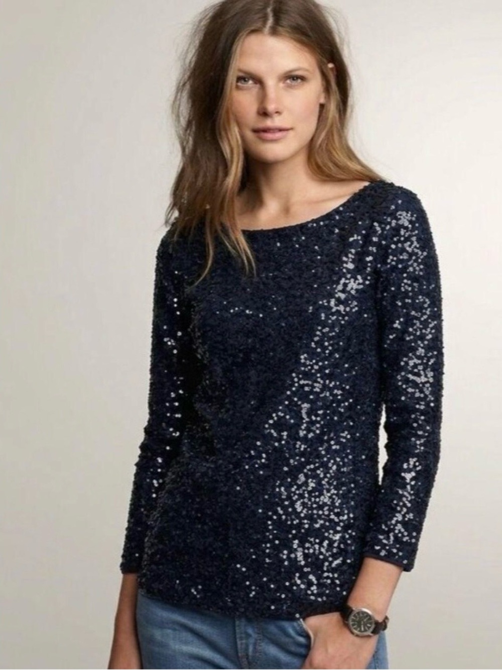 J.Crew Sequin Long Sleeve Top XL Navy Blue  100% Cotton Party Holiday Sparkly